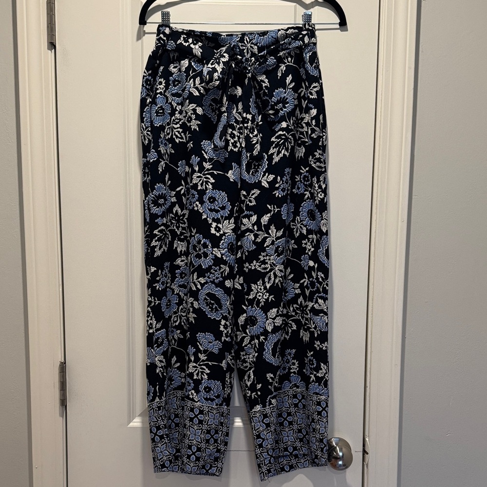 LOFT Floral Wide Leg Pants - Blue and White